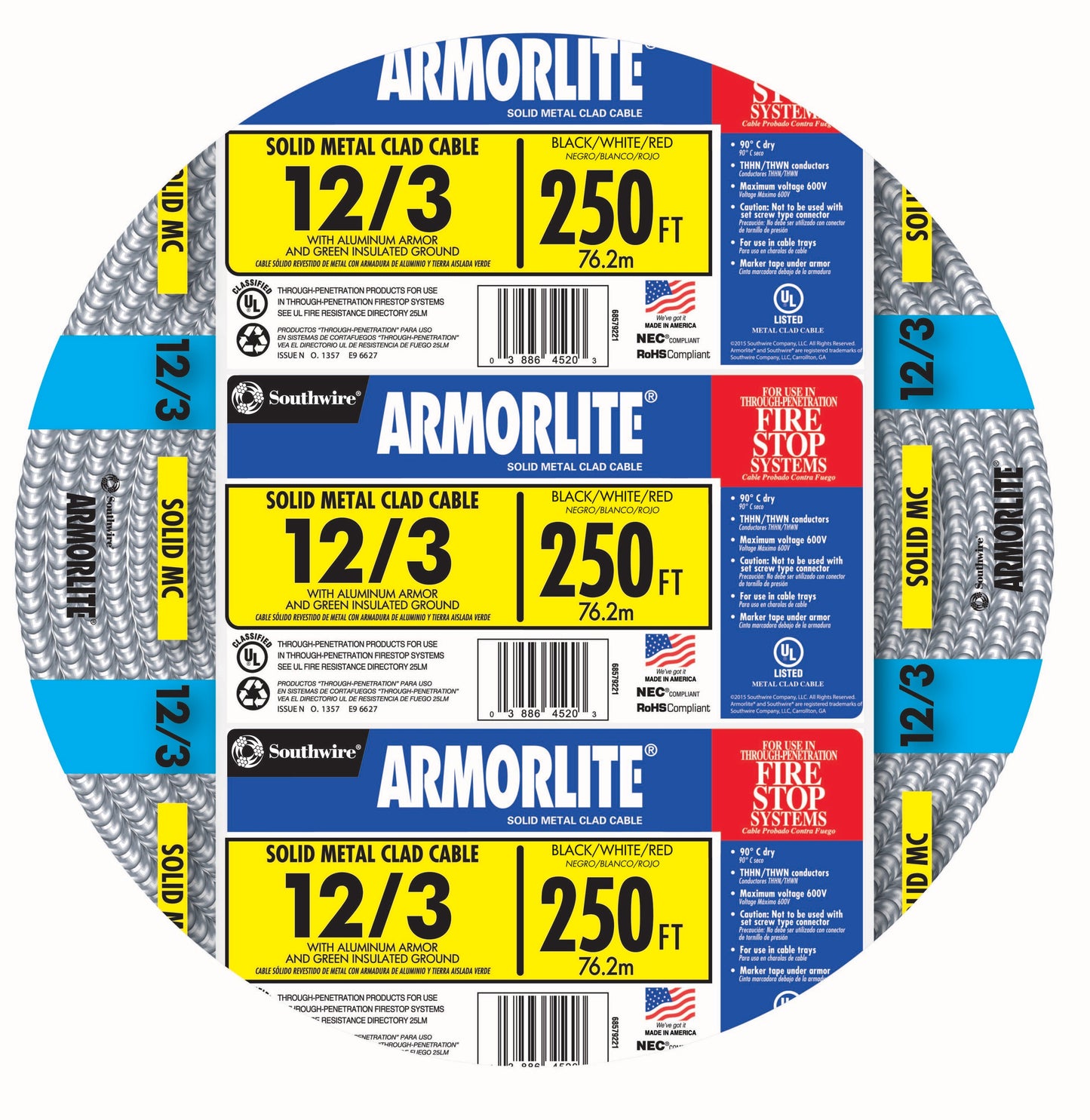 Southwire Armorlite 250-ft 12/3 Solid Aluminum MC (Metal Clad) Cable 68583455