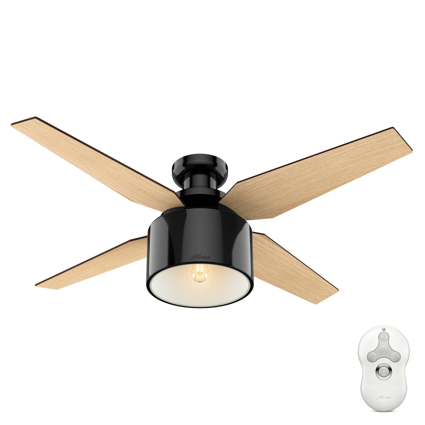 Hunter Cranbrook 52-in Flush Mount Gloss Black with Blonde Oak/Mid Century Walnut Blades With Light and Remote ( 4 -Blade ) 813935