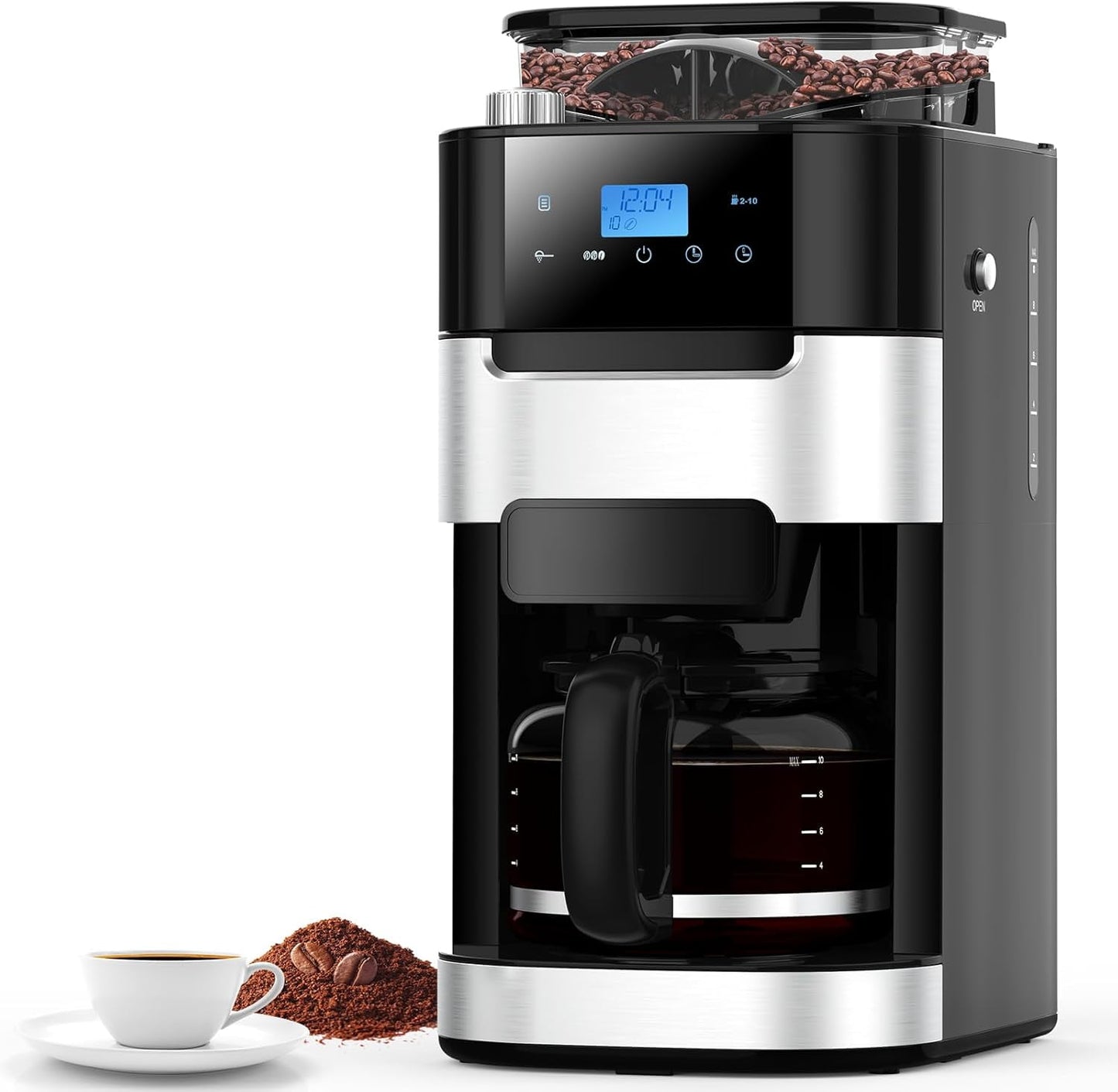 10-Cup Drip Coffee Maker with Built-in Grinder, Touch-Screen Programmable Brew Coffee Machine with Timer, 8 Grinding Settings, Reusable Filter, Keep Warm Plate, 50.7oz Water Tank