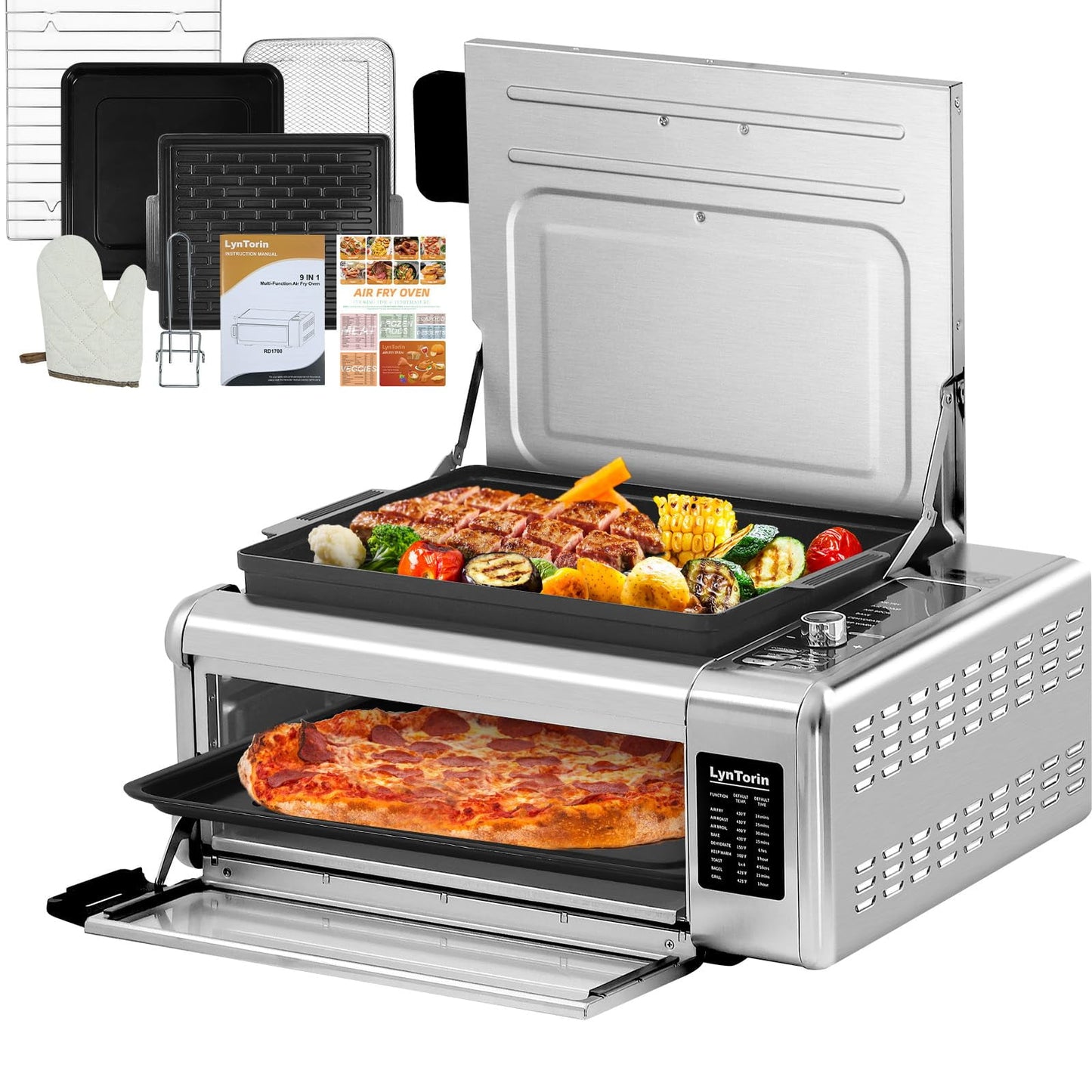 10-in-1 Air Fryer + Convection Toaster Oven + Frying Pan, Digital Air Fryer Pizza Oven Combo, Flip Up Save 50% Space, Double Indoor Countertop Toaster Oven Easy Clean Stainless Steel