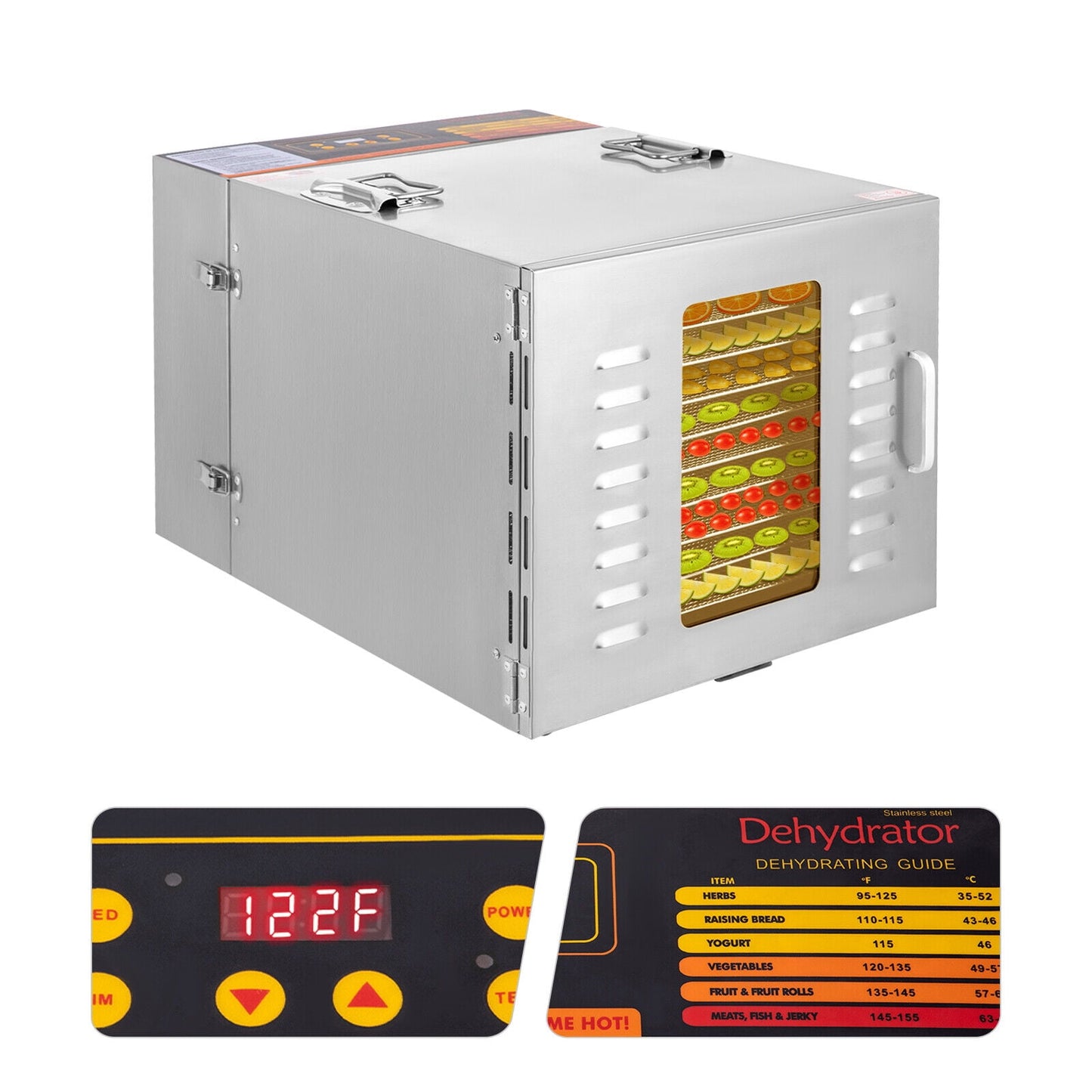 1000W 10 Trays Dryer Commercial Food Dehydrators 1000W Stainless Steel Drying Machine 35-90℃/95-194℉