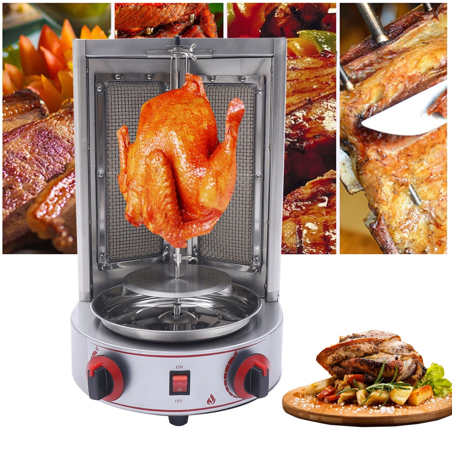 110V 3000W Vertical Gas Broiler Meat Rotisserie Spinning Grill with Stainless Steel Pan