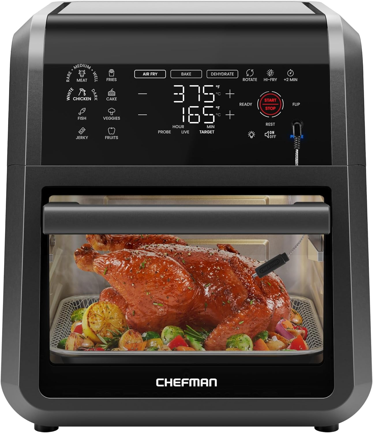 12 Quart 5-in-1 Digital Air Fryer Oven with Built-In Food Thermometer, 28 Pre-Programmed Settings, Rotisserie & Dehydrator, XL Convection Toaster Oven, Auto Shut-Off, Black