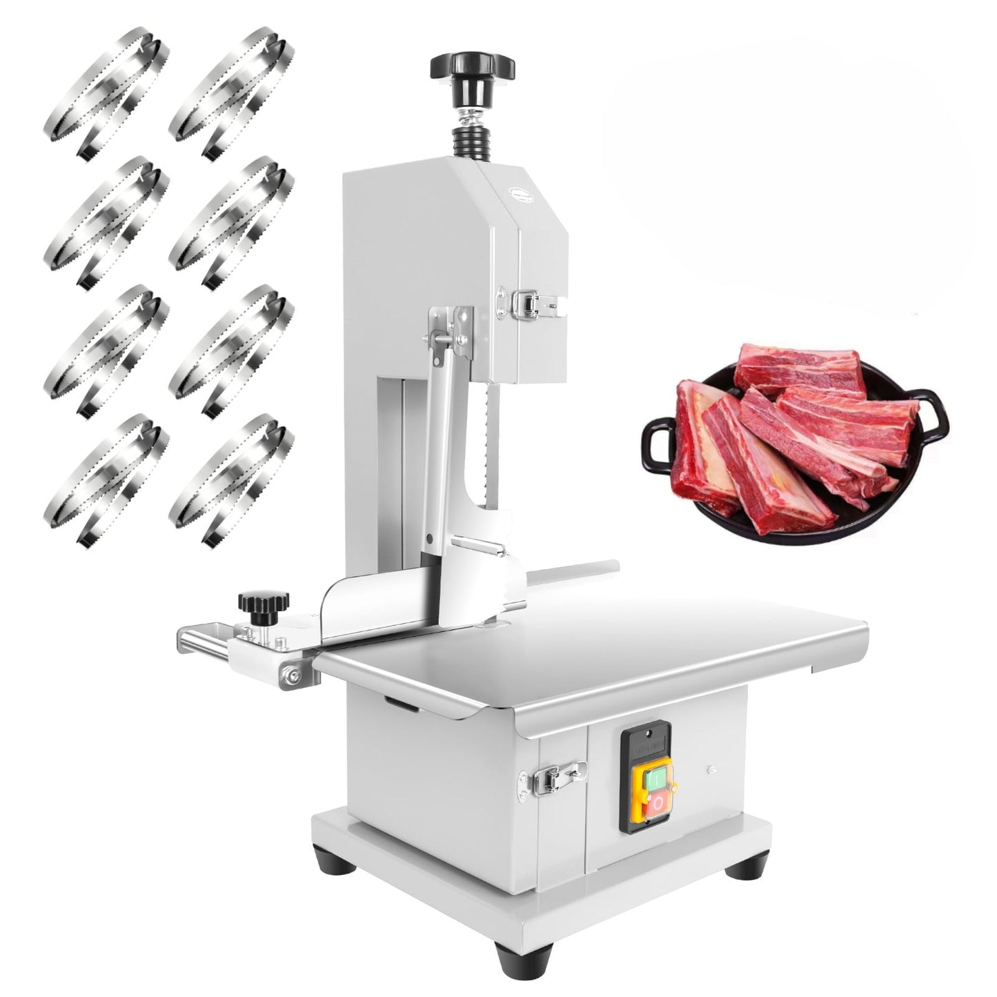 1500W 110V Electric Bone Saw Machine, Stainless Steel Meat Bandsaw with 440-660 LBS/H Efficiency, Frozen Meat Cutter with 8 Saw Blades, Meat Cutting Machine for Pork, Chicken, Restaurant