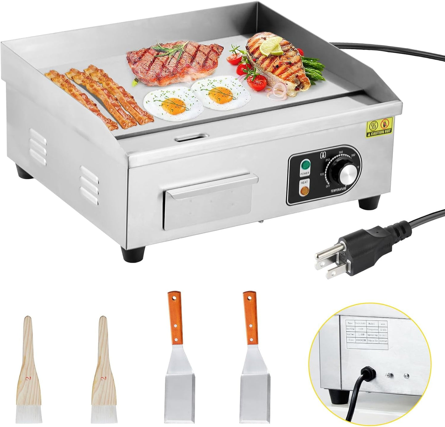 22" Commercial Electric Griddle 1600W Electric Countertop Griddle Non-Stick Restaurant, Teppanyaki Flat Top Grill Stainless Steel Adjustable Temperature Control 122°F-572°F (with PLUG)