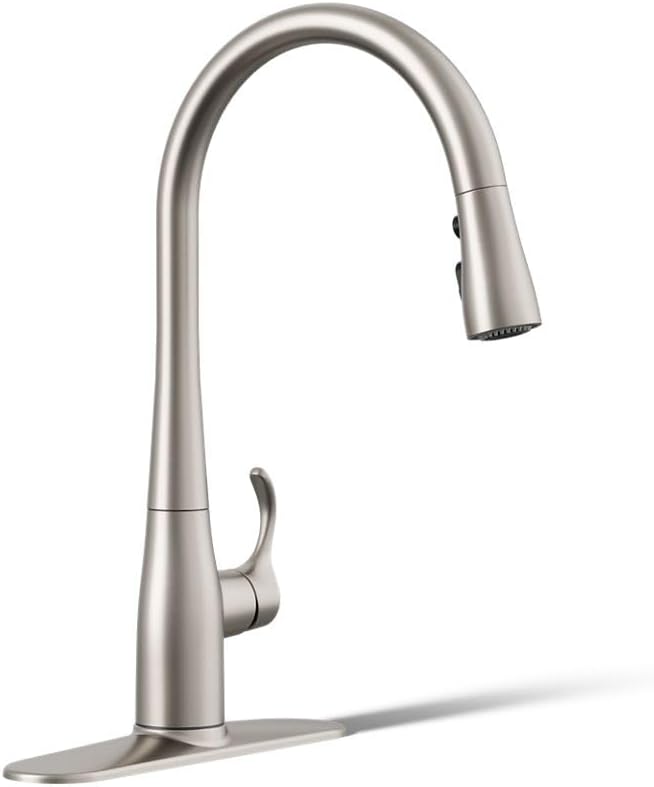 KOHLER 596-VS Simplice Pull Down Kitchen Faucet, 3-Spray Faucet, Kitchen Sink Faucet with Pull Down Sprayer, Vibrant Stainless, High Arch