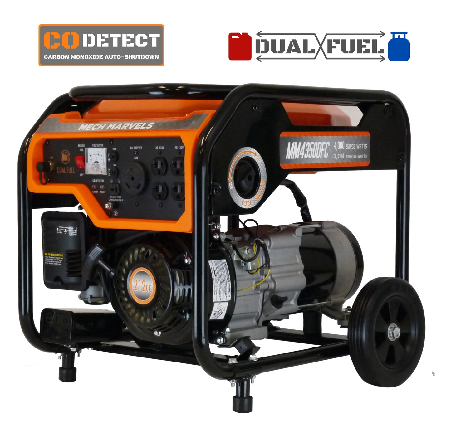 Mech Marvels 4000 Watt CO Detect, RV Ready, CARB Approved 3200-Watt Dual Fuel (Gasoline/Propane) Portable Generator MM4350DFC