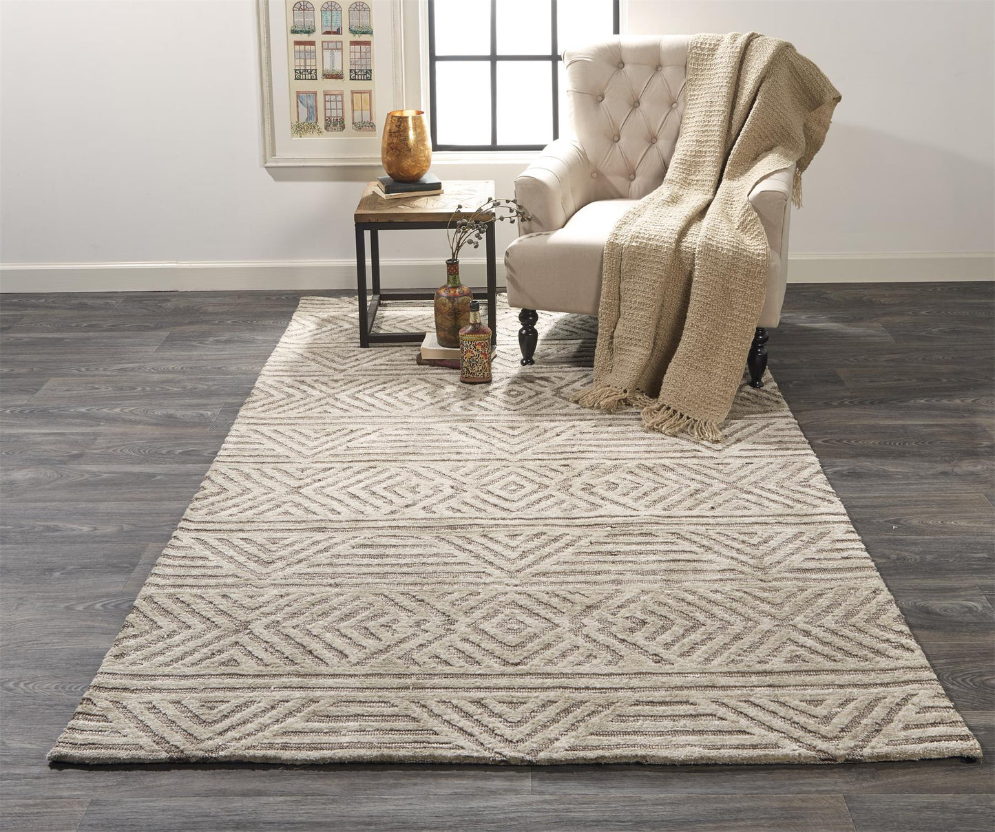 Room Envy Oliena 5 x 8 (ft) Loomed Bleached Sand/Natural Tan Rectangular Indoor Geometric Mid-Century Modern Pet Friendly Area rug