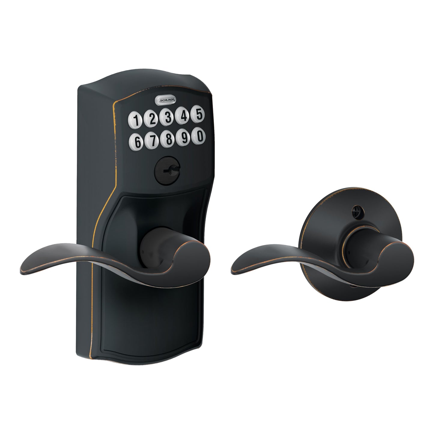 Schlage Customizable Keying Camelot-Accent Aged Bronze Electronic Handle with Keypad FE575 CAM 716 ACC G