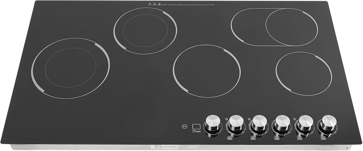 Resfirme 5 Burner Electric Cooktop 110V Electric Stove Top with Independent Knob Child Lock,5 Power Levels Ceramic Cooktop for Kitchens (36Inch)(No Plugs)