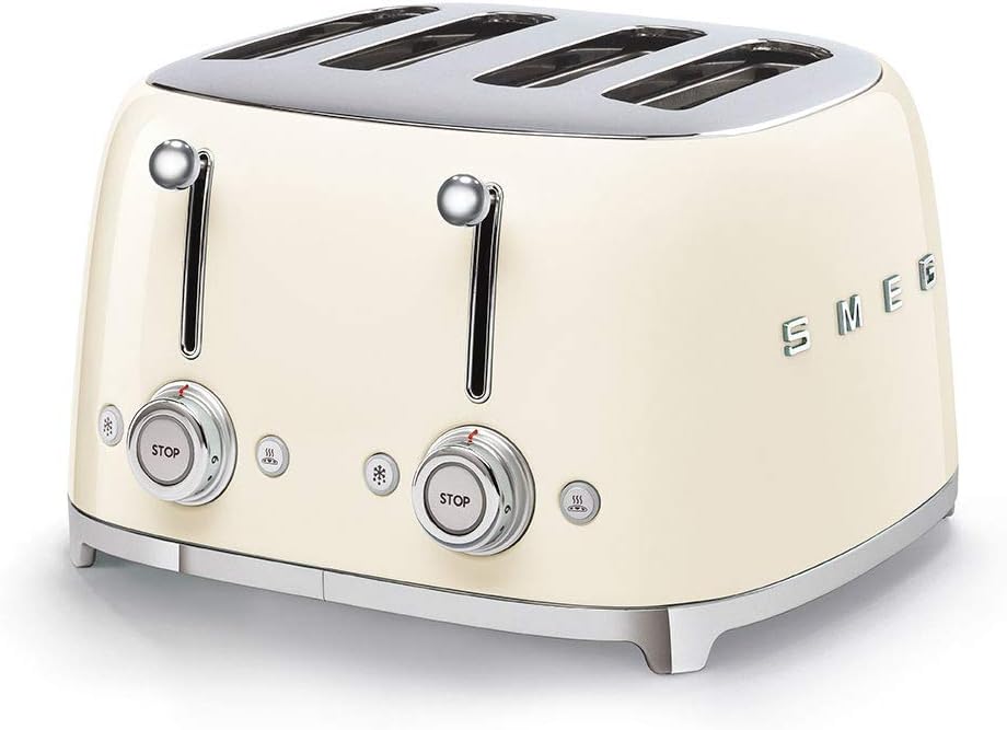 Smeg 50's Style Retro Aesthetic 4 Slice Toaster 6 Presets Extra Wide Slots Cream TSF03CRUS