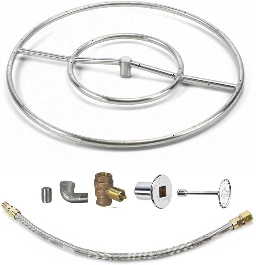 HPC Round Match Lit Fire Pit Burner Kit (FPS24KIT-NG-MSCB) with 24-Inch Stainless Steel Burner, Natural Gas, Polished Chrome, with Flange, Key, Valve, Flex Line and Fittings