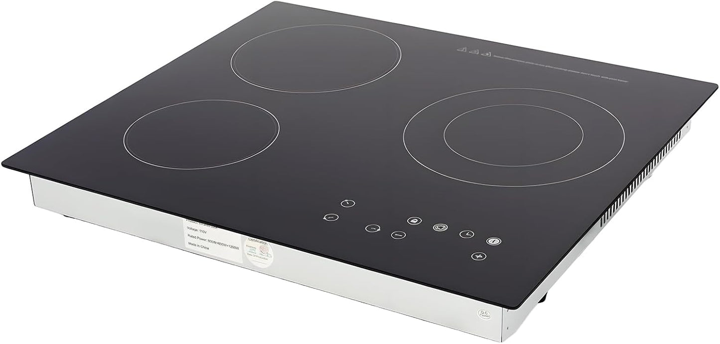 23 Inch Electric Cooktop 3 Burner Ceramic Cooktop - 9 Heating Levels, Supports Desktop and Embedded Usage, Multiple Safety Protection,110V 2600W Touch-adjustable Control (Black)