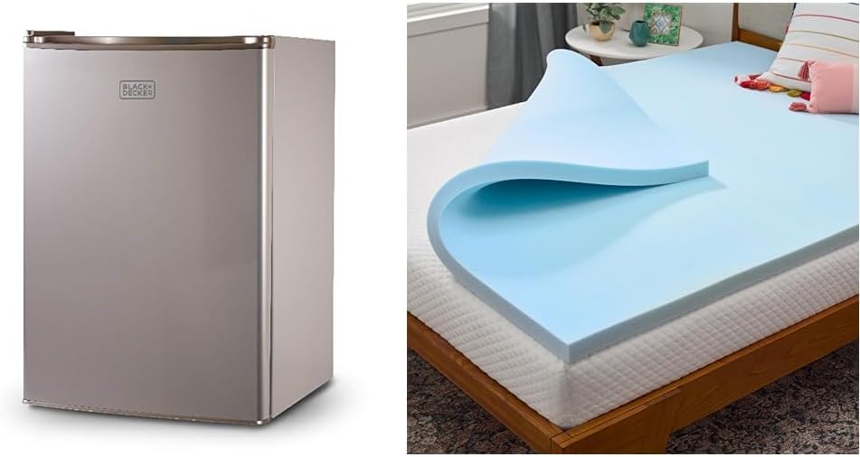 BLACK+DECKER BCRK25V Compact Refrigerator Energy Star Single Door Mini Fridge with Freezer & Linenspa 2 Inch Gel Infused Memory Foam Mattress Topper \u2013 Cooling Mattress Pad