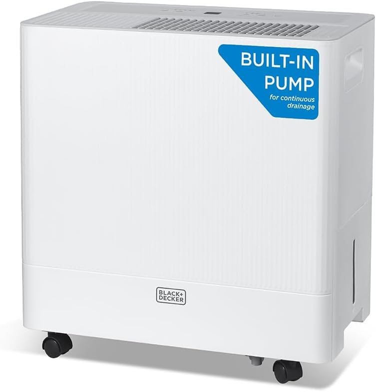 BLACK+DECKER 50-Pint Portable Dehumidifier with Built-in Pump, Dehumidifier with Pump for up to 4500 Sq. Ft., For Home and Large Spaces, Removable Bucket and Drain Hoses Included, BD50PMWSA, White