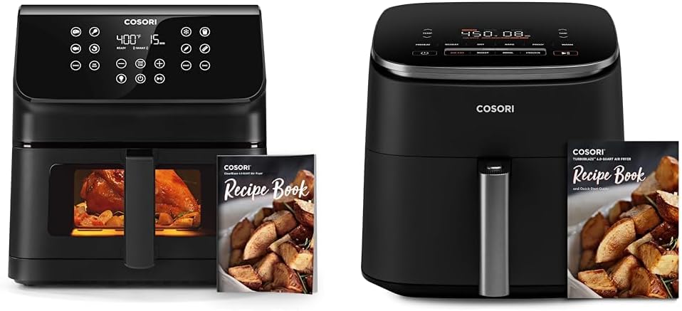 COSORI Clear Blaze Air Fryer, 6.5 Quart Large Compact Airfryer with Visible Window, 12 One-Touch & Air Fryer TurboBlaze 6.0-Quart Compact Airfryer that Roast, Bake, Proof, 9 Functions, 5 Speeds
