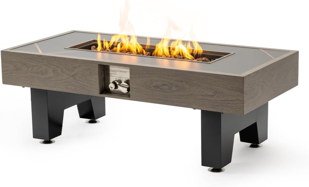 42-inch Iron Wood Burning Fire Pit Table, Outdoor Rectangular Fire Pit with Stone/Walnut Finish for Patio, Garden, Backyard - Grey
