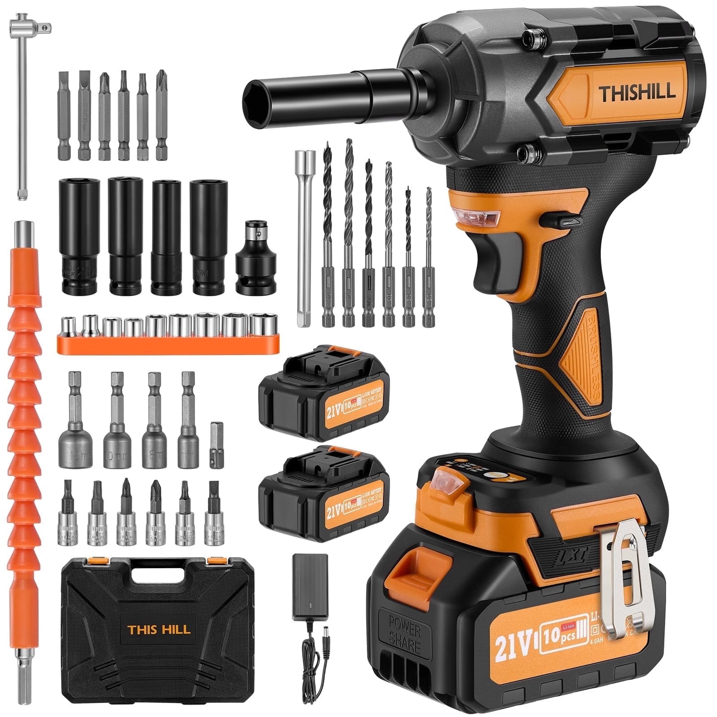 Filluck 600N.m Heavy Cordless Impact Wrench, 3/4" To 1/2" High Torque, Impact Gun w/ 2 X 4.0Ah Battery & Tool Box, Pistola De Impacto for Car Truck RV Mower