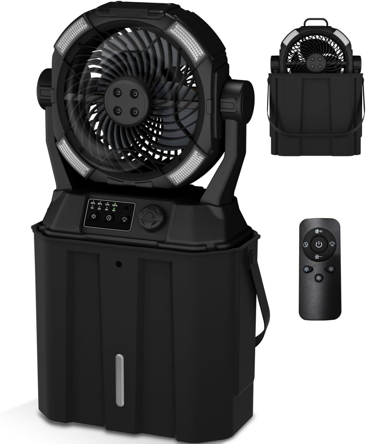 Misting Fan Portable Camping Fan 42800mAh Rechargeable with Remote Control, 3 LED Light & Stepless Speed Control & Cooling Spray with 6L Bucket, Timer Function, Portable Handle, Rotating Hanging Hook