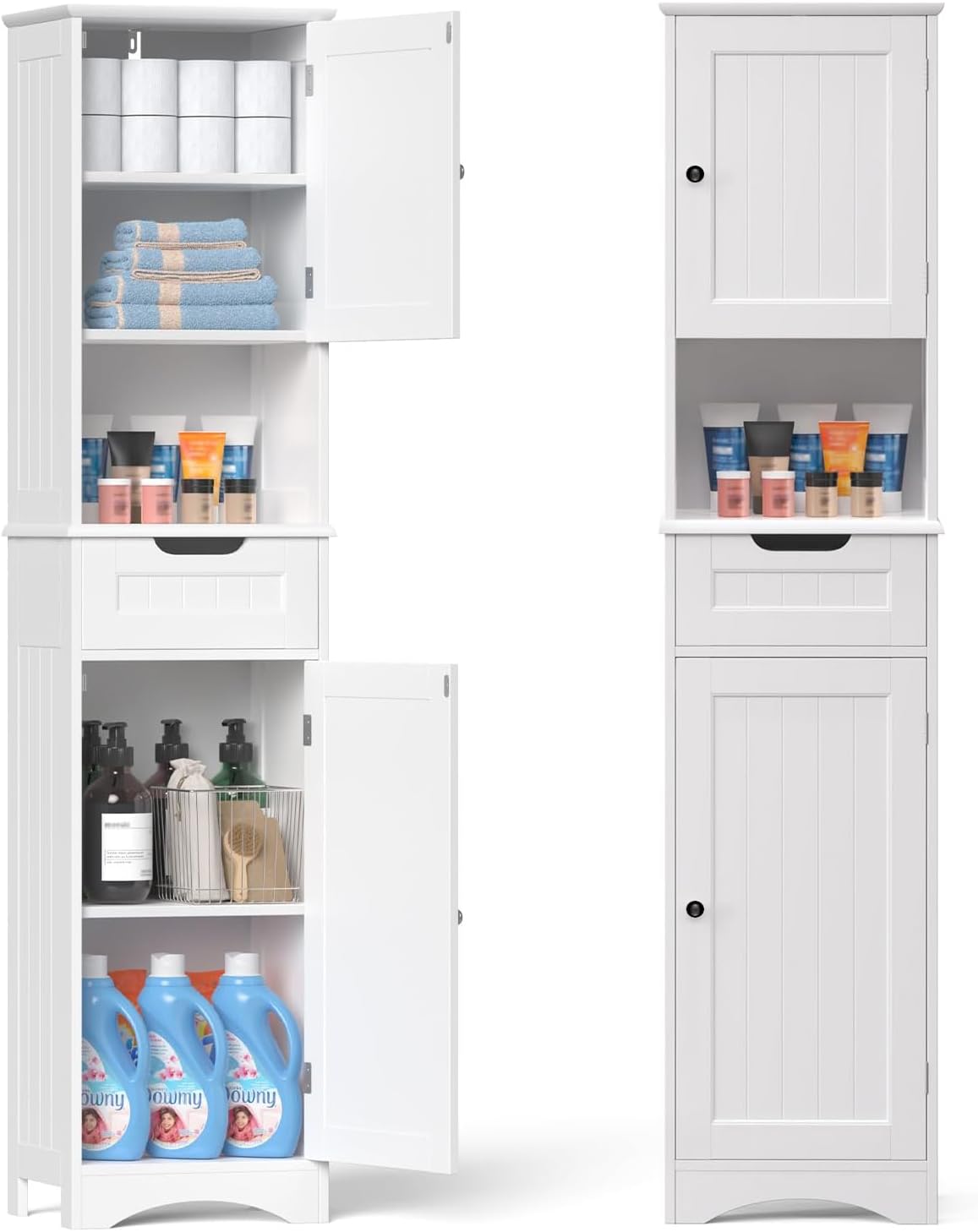Gizoon 67" H Tall Bathroom Cabinet, Storage Cabinet with 2 Doors & Drawer, Narrow Linen Tower Freestanding Adjustable Shelves for Home, Kitchen, Versatile, Anti-Tipping, White