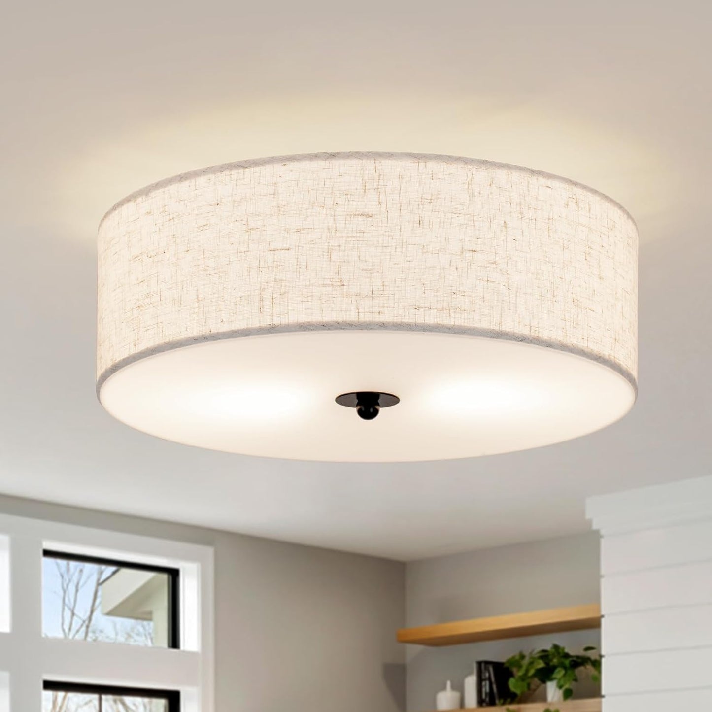 CALOKES Flush Mount Ceiling Light Fixture, 13" Close to Ceiling Light with Beige Fabric Linen Drum Shade, 2-Light Modern Round Ceiling Light for Bedroom Hallway Dining Kitchen