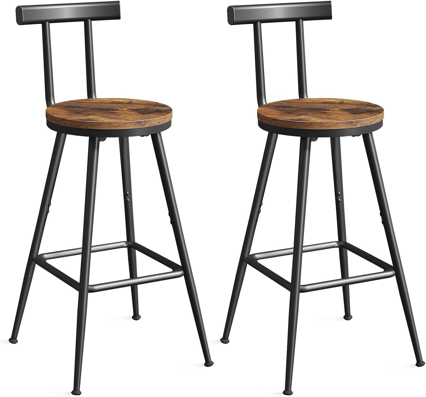 MAHANCRIS Bar Stools, Set of 2 Bar Chairs with Backrest and Footrest, 26" Tall Counter Stools, Metal Frame, Adjustable Feet, Easy Assembly, for Kitchen, Living Room, Pub, Rustic Brown BAHR6001