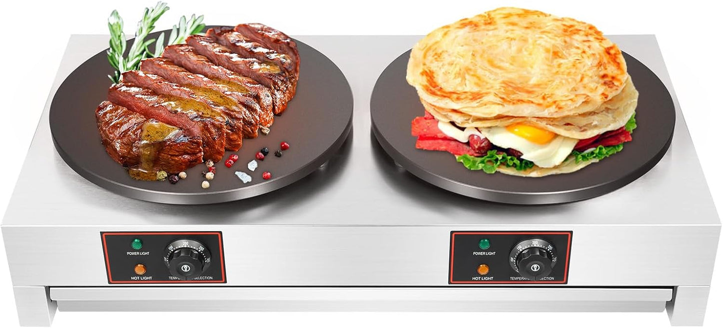 16 "110 V Commercial Electric Pancake Maker, 3.4KW Double Hot Plate Suitable For Kitchen Convenience Store Snack Bar Dessert Shop,Adjustable Temperature Control 50-300 ° C /122-572 ° F,Silver