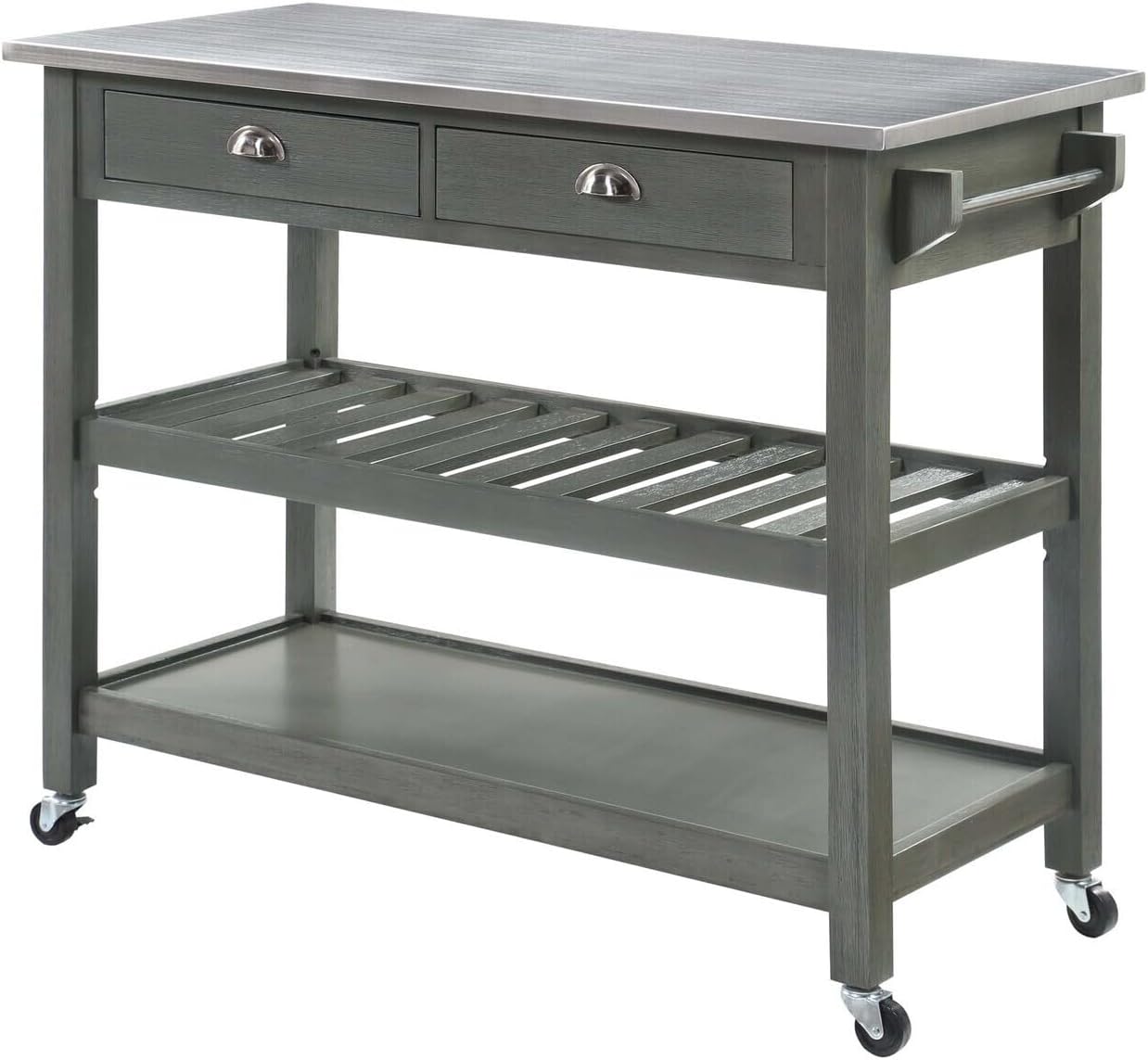 HomeStock Coastal Craftsman 3-Tier Stainless Steel Kitchen Cart with Drawers - 20.5" D x 44" W x 35.5" H, Tiered Shelf, 2 Locking & 2 Regular 360-Degree Swivel Caster Wheels Dark Gray