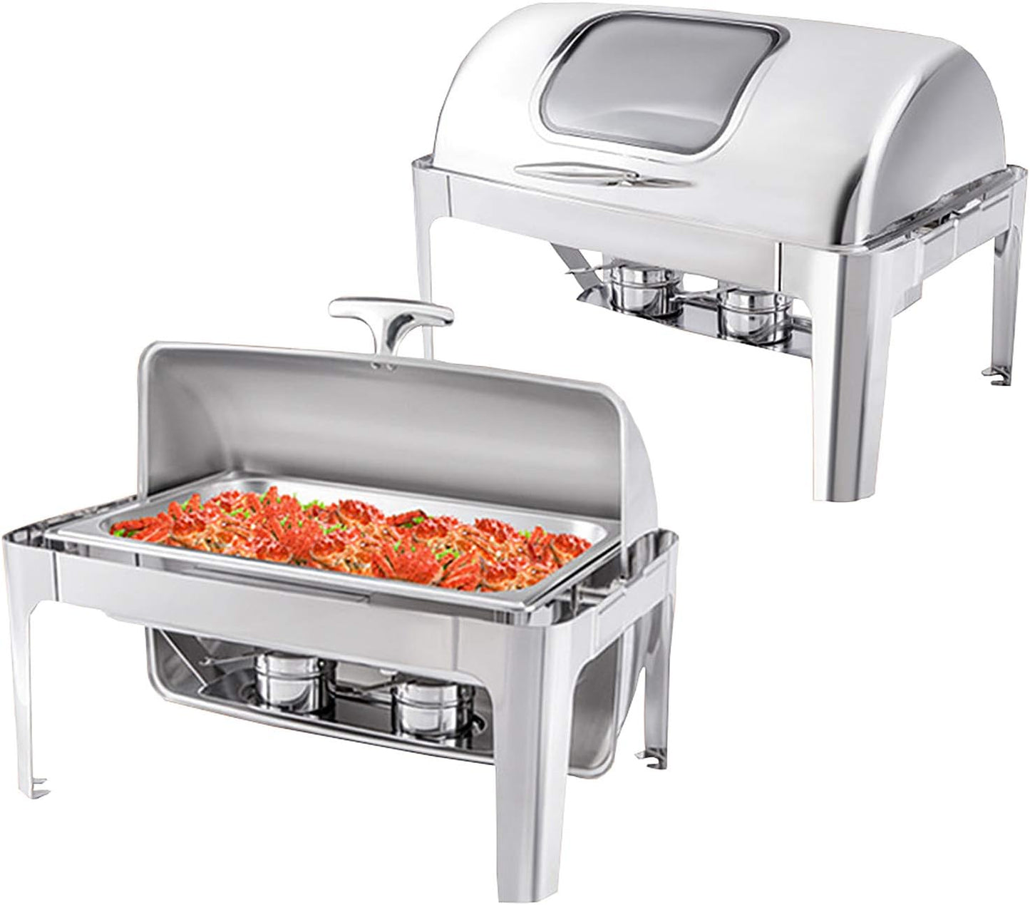 Stainless Steel Hot Pot with Roll Top, 9L Full Size and Buffet Food Warmer Set with Food Tray, Water Tray and Fuel Holder for Weddings, Parties