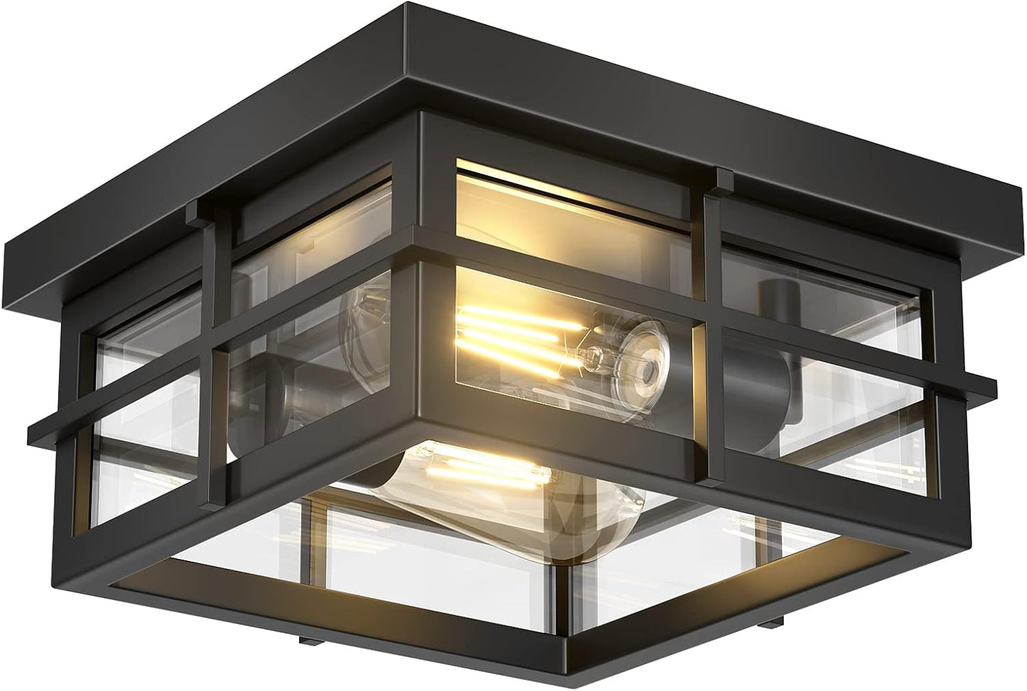 Asnxcju Modern Outdoor Ceiling Light Fixtures, 2-Light Black Flush Mount Light Fixtures with Clear Glass Shade, Farmhouse Square Ceiling Lighting for Porch Bathroom Kitchen (Bulbs Not Included)