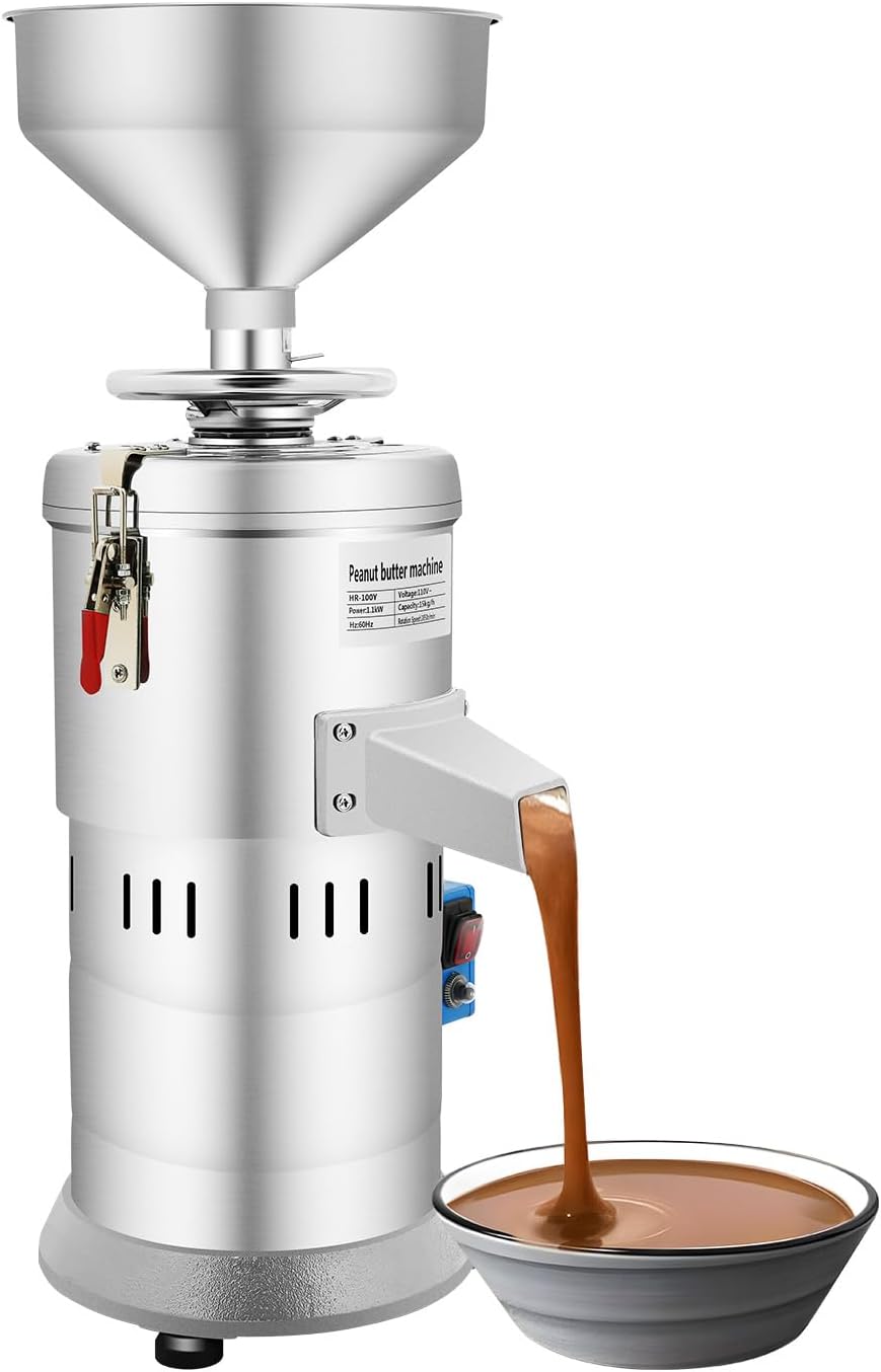 Peanut Butter Maker Machine, 110v 1100w 33lb/H, Hr-100y Electric Nut Butter Machine, Grain Grinder, Sesame Sauce Grinder, Silver Aluminum Alloy, for Groundnut, Almond, Cashew Nut, Black Sesamev