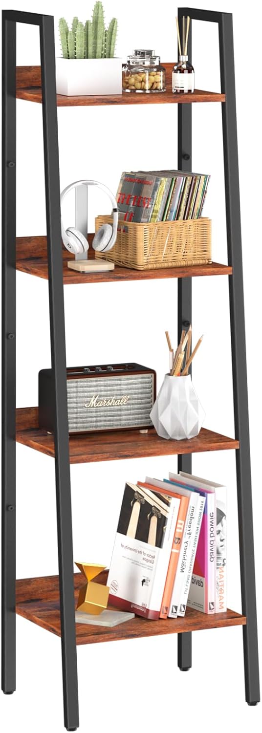 Yoobure Ladder Shelf, 4 Tier Tall Ladder Bookshelf Corner Shelf, Industrial Book Shelf Ladder Bookcase Narrow, Standing Storage Shelves Display Shelf for Bedroom Living Room Office Kitchen Bathroom