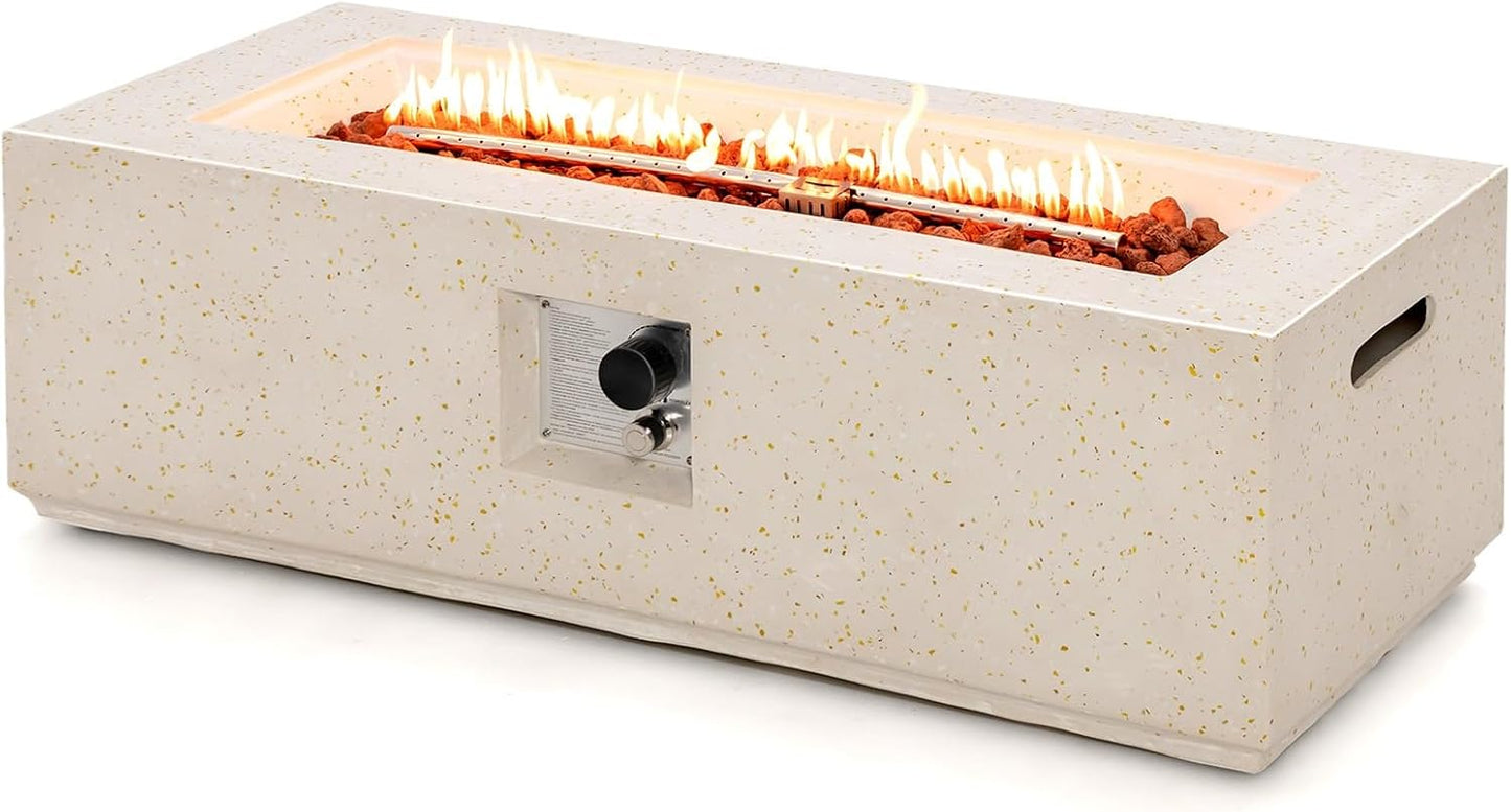 COSTWAY 42" Rectangle Fire Pit Table, Terrazzo Propane Gas Fire Table, Simple Ignition System & Stainless Steel Burner, Protective PVC Cover Included, Outdoor Fire Pit for Backyard, Garden