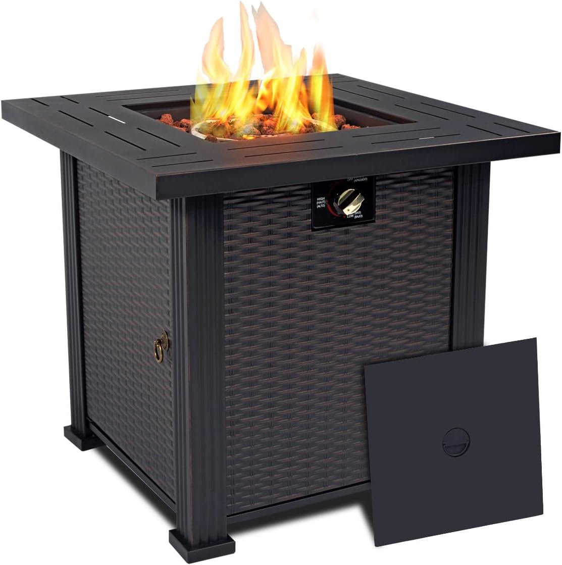 Senjoys 28'' Propane Fire Pit Table, 50,000 BTU Fire Table with Steel Lid, Big Legs, Laval Rocks.