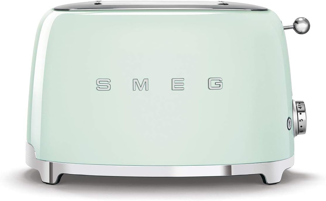 Smeg TSF01PGUK Retro 2 Slice Toaster, 6 Browning Levels, Extra-Wide Bread Slots, Defrost and Reheat Functions, Removable Crumb Tray, 950 W, Pastel Green