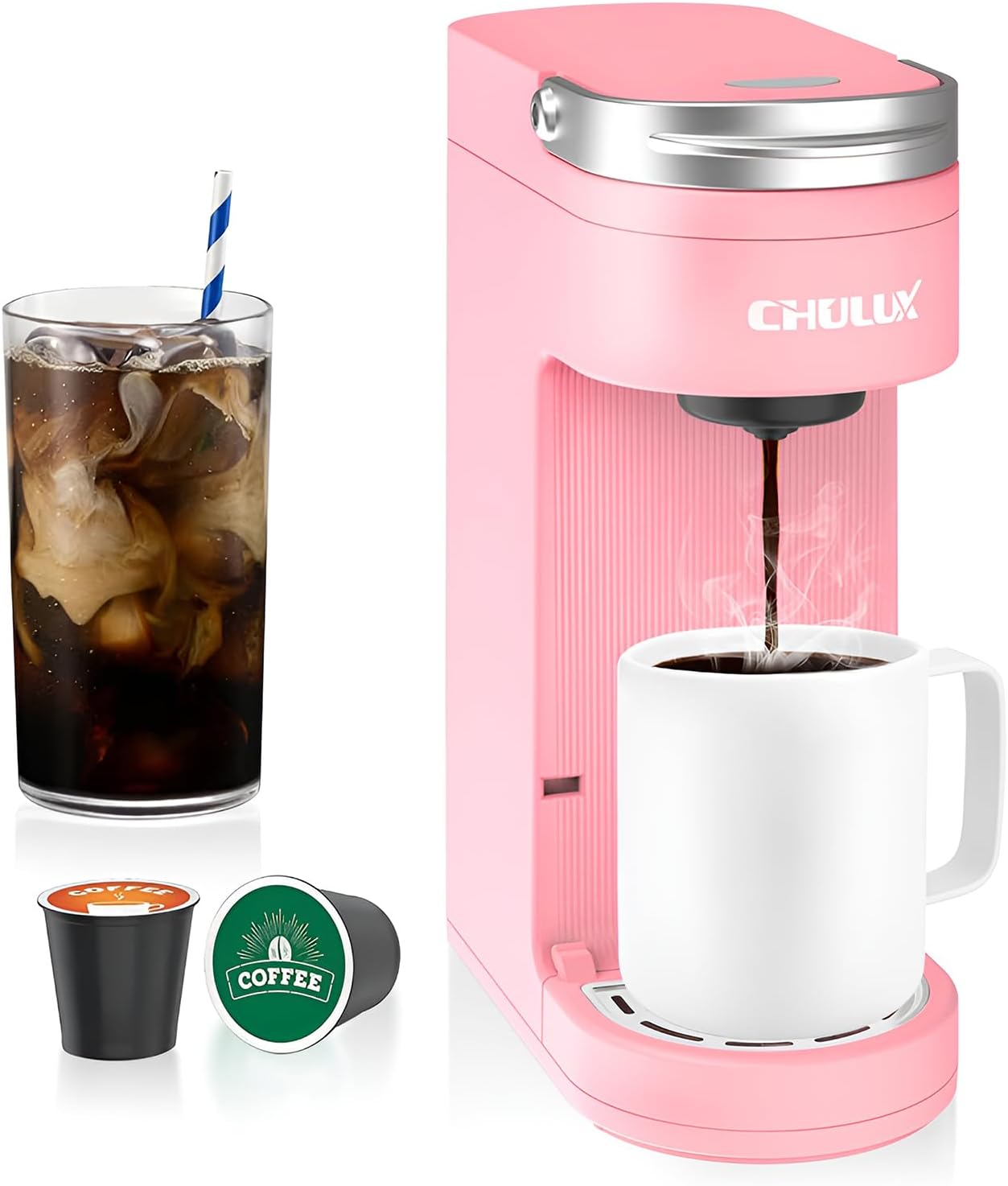 CHULUX Slim Single Serve Coffee Maker for K Pods, One Cup Coffee Maker Fits 7.3" Travel Mugs, Coffee Machine with 6 to 12oz Brew Sizes, Salmon Pink