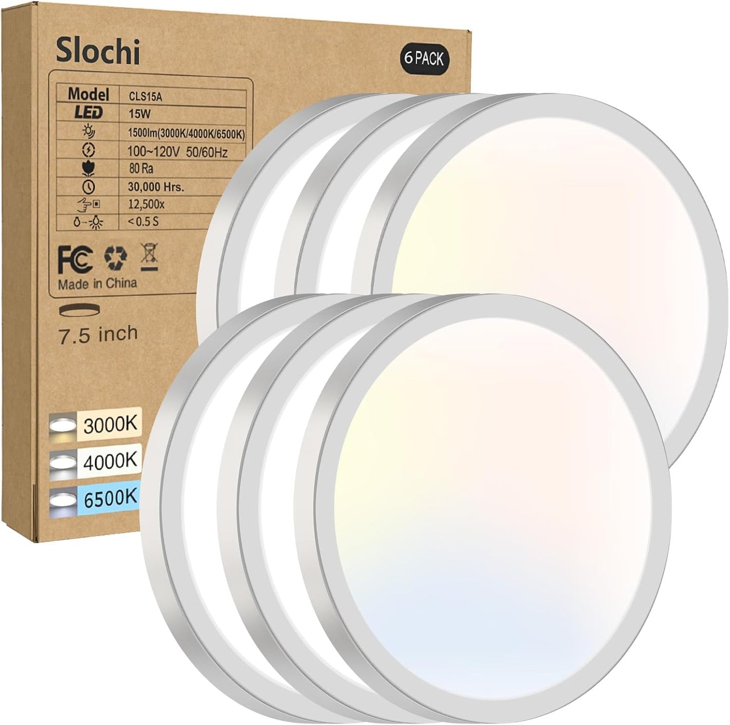 slochi 6Pack Flush Mount Ceiling Light, 7.5inch Super Slim 3000K-4000K-6500K Led Ceilings Light, Round White Ceiling Light Fixtures for Bedroom,Living Room,Kitchen,Bathroom,Hallway,Laundry