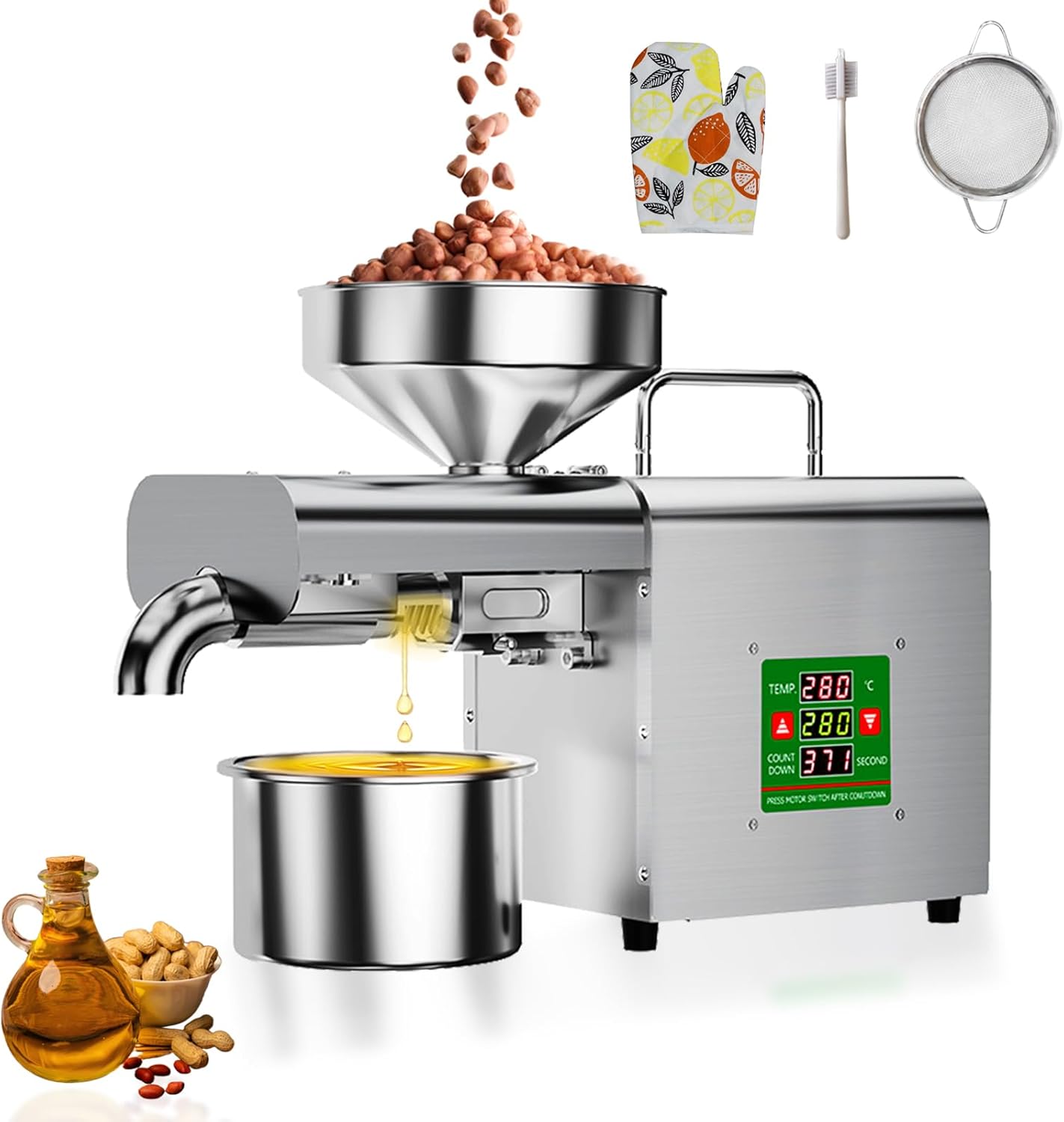 Automatic Oil Press Machine, Hot & Cold Press Oil Machine for Home, Electric Oil Maker for Olive Peanut Sesame Coconut Sunflower Seeds Soybean Walnut