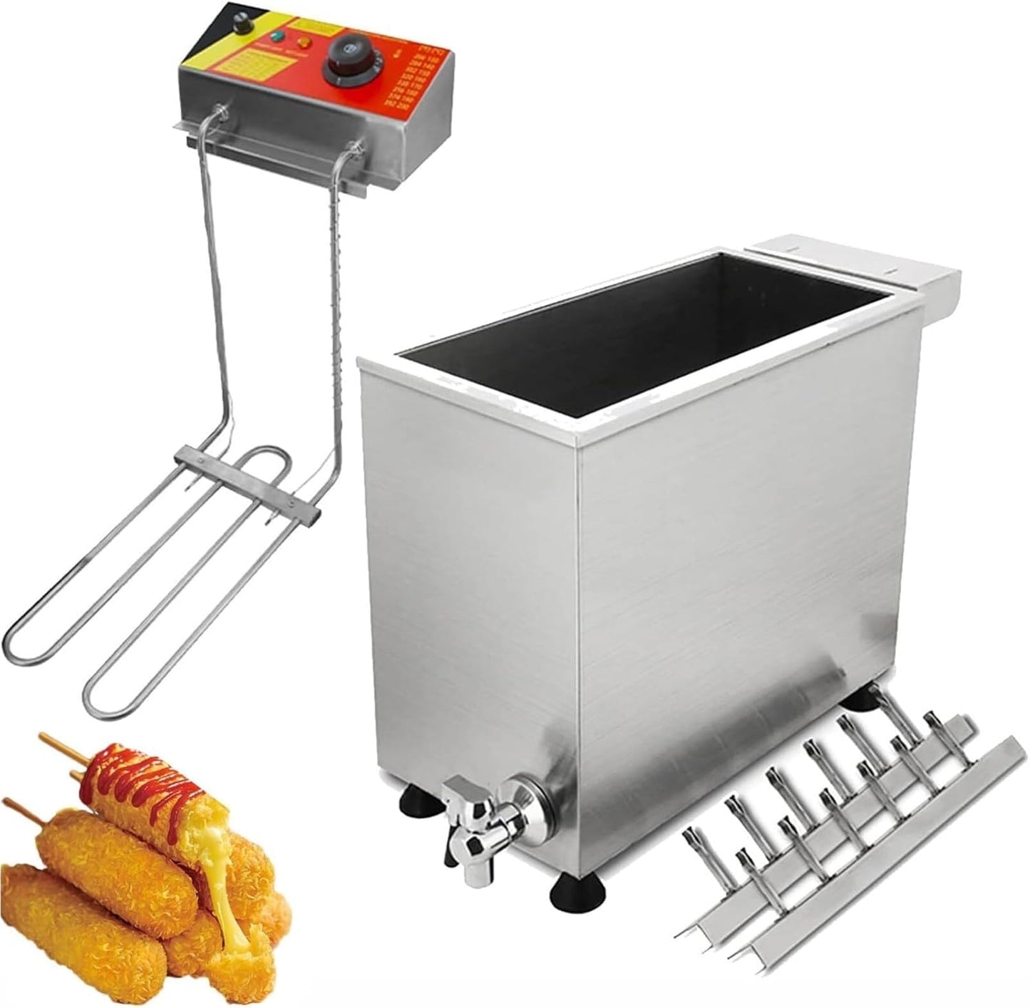 Corn Dog Machine Multi-function Hot dog Machine 3000W Commercial Automatic 25L Large Capacity Cheese Mozzarella Hot dog Sticks Fryer Electric Deep Korean Corn Dog Machine Snack Machines Maker