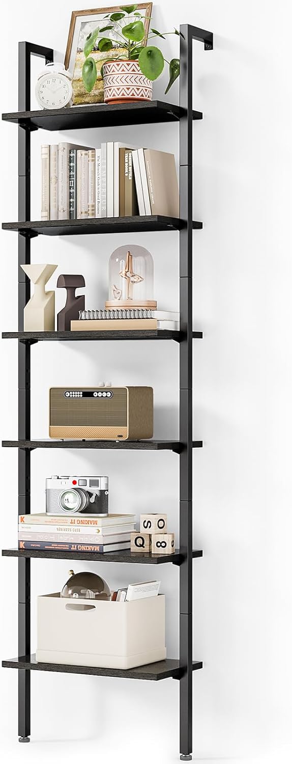 ODK 6-Tier Ladder Bookcase, Industrial Storage Shelf with Metal Frame for Living Room, Home Office, Kitchen & Bedroom, Space Saving Freestanding Organizer Rack, Black (8" D x 16" W x 87" H)