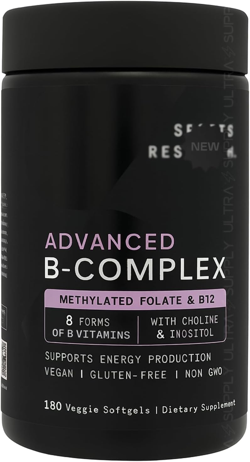 Sports_Researchs Advanced B-Complex (180 Count.) Full Spectrum B Vitamins with Methylated Folate & B12 - Vegan, Gluten Free, Non-GMO Energy Support Formula
