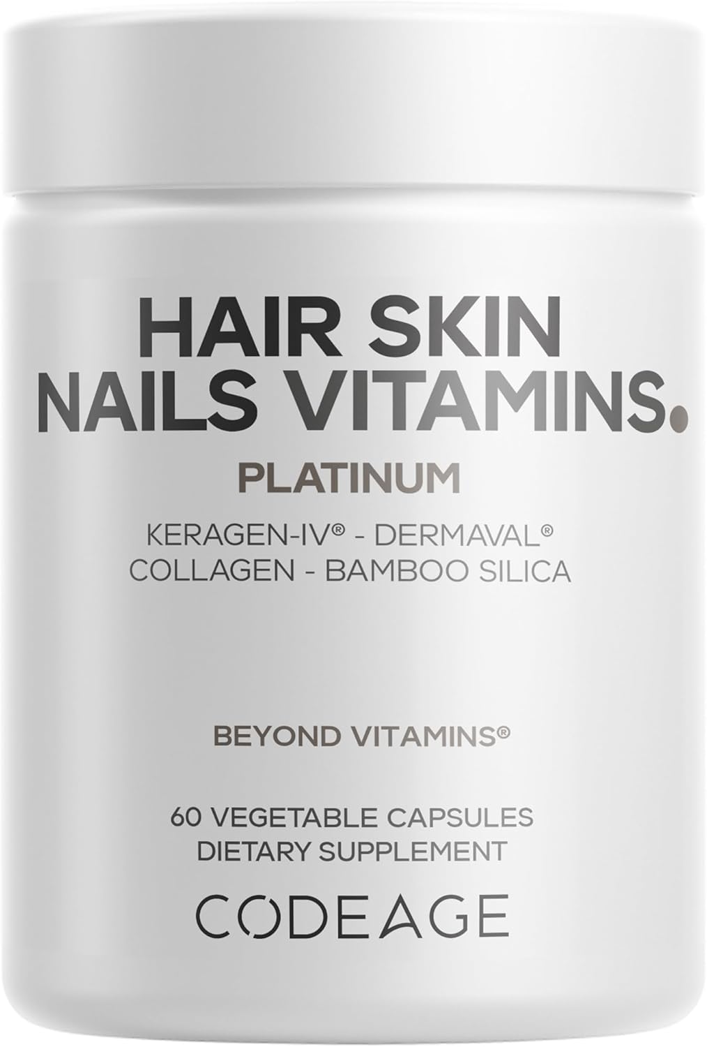 Codeage Hair Skin Nails Vitamins Platinum - KeraGEN-IV Keratin, Dermaval - Hair Fall, Skin Elasticity & Moisture Support - Biotin 5000, Collagen, Vitamin C, Coffeeberry, PABA Supplement - 60 Capsules
