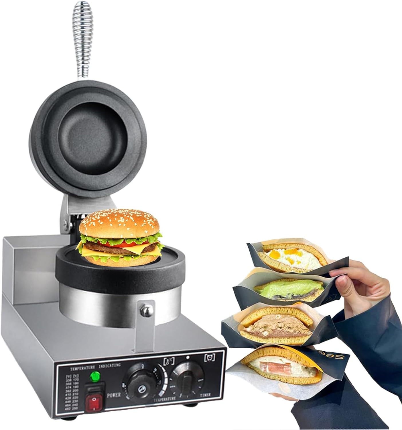 1200W Electric Burger Waffle Maker Machine,Ice Cream Burger Maker with 50~300℃ Adjustable,Hamburger Waffle Maker Sandwich Press,for Home Party Bread Donut Heating Ma,