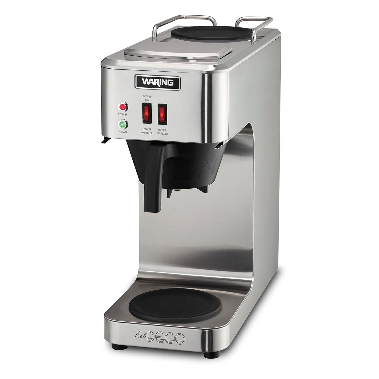 Waring WCM50 Café Deco Pour Over Decanter Coffee Brewer, Stainless Steel Construction, Two Individually Operated Warmers, No Plumbing Required, 120V, 5-15 Phase Plug,Silver