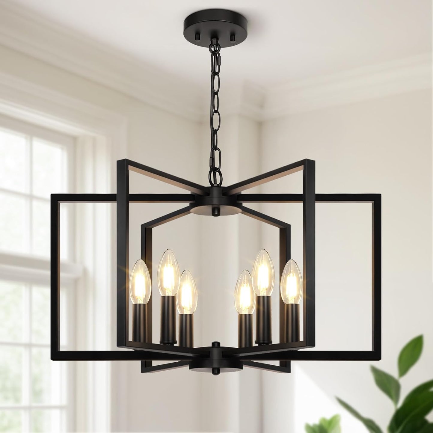 Black Farmhouse Chandelier, 6 Light Geometric Dining Room Light Fixture, Modern Industrial Metal Ceiling Light Rustic Hanging Pendant Lights with E12 base for Kitchen Island Entryway Foyer, Indoor