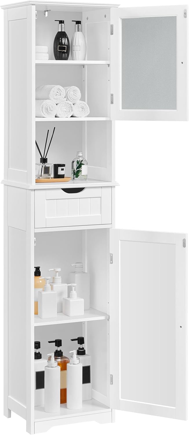 Yaheetech Tall Bathroom Storage Cabinet 67″, Wooden Floor Cabinet with Glass Door, Freestanding StorageOrganizer with Adjustable Shelves, 1 Drawer and Open Storage for Bathroom, Kitchen, Living Room