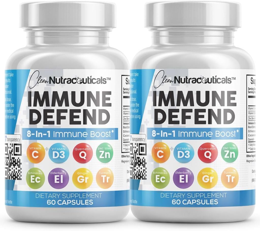 Immune Defense Support Supplement 8 in 1 w\/ Zinc 50mg Quercetin, Vit C 1000mg, Vitamin D3 5000 IU, Elderberry, Turmeric Curcumin, Ginger, Echinacea - Immunity System Booster Adults Vegan - 60Ct (2)