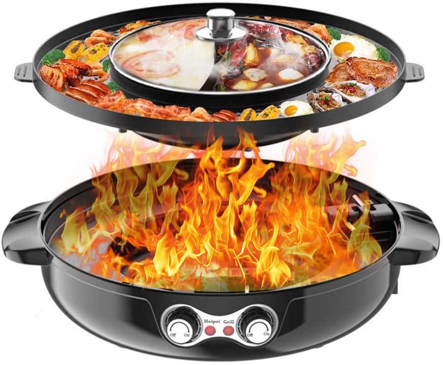 Hot Pot with Grill, Hot Pot Electric with Dual Temperature Control, Hot Pot with Divider 110V Smokeless Multifunctional Non-stick Portable Shabu Split Korean BBQ Grill for Family Dinner Party(Black)