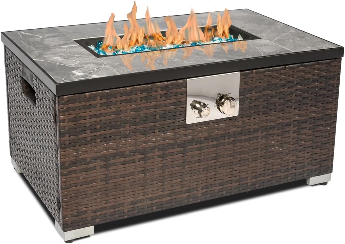32'' Outdoor Low Profile Fire Table, Marble Tile Ceramic Tabletop, 50,000 BTU Fire Table with Brown Wicker, Mix Color Glass Rocks, Including Lid&Cover, Fits 20lb Tank Outside, Rectangle