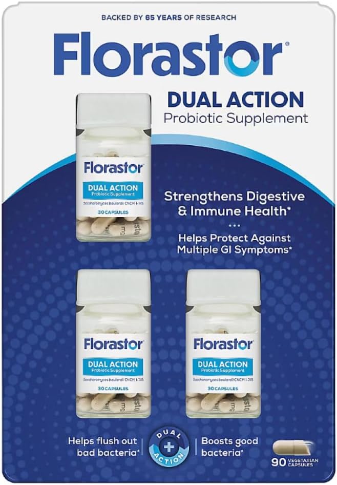 Florastor Dual Action Probiotic Supplement – Strengthens Digestive & Immune Health, Balances Gut Flora, 500mg Saccharomyces Boulardii CNCM-I-745 (3 Bottles, 30 Capsules Each)
